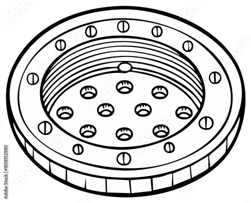 Circular Metal Flange with Screw Holes and Central Perforations Technical Drawing