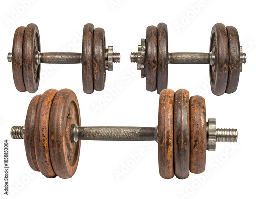 Two pairs of old, rusty, adjustable dumbbells with metal plates