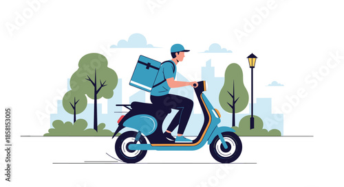 Courier riding a blue electric scooter with a large delivery box on his back traveling through a city park with buildings in distance.