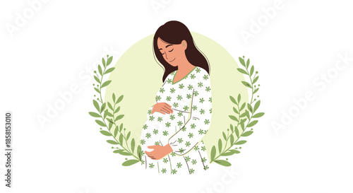 Beautiful pregnant woman in a white floral dress gently holding her belly surrounded by green leaves in a circular frame.