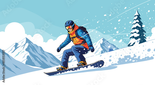 Snowboarder in colorful gear sliding down a snowy mountain slope with mountains and a pine tree in the background under a blue sky.