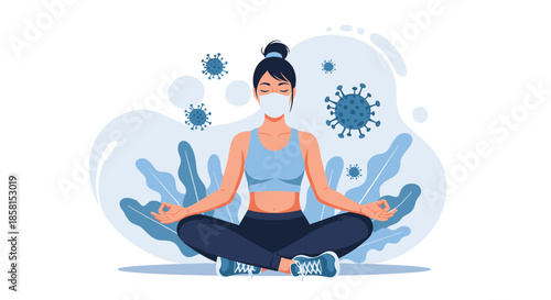 Woman wearing a face mask practicing yoga and meditation in lotus pose surrounded by coronavirus molecules and leaves.