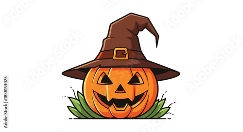 Spooky carved Halloween jack o lantern pumpkin wearing a brown witch hat and sitting in the grass on a white background.