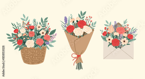 Set of three beautiful flower arrangements including a basket, a hand bouquet in brown paper, and flowers in an envelope.