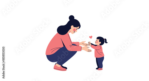 Loving mother crouching down with open arms to receive her young daughter who is walking towards her with a small heart icon.