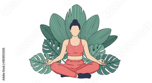 Woman sitting in lotus pose practicing meditation with large green monstera and tropical leaves in the background.