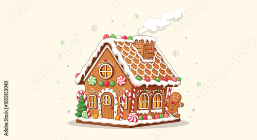 Elaborately decorated Christmas gingerbread house with white icing snow, colorful candies, lollipops, and a small gingerbread man.