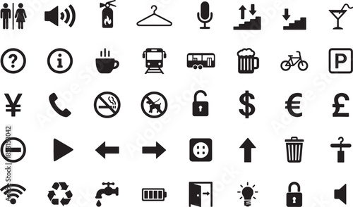 Comprehensive Travel and Service Icon Set - Universal Symbols for Public Transport, Currency, and Facilities