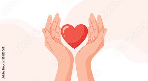 Two human hands gently holding and protecting a large bright red heart symbol on a soft pastel abstract background.