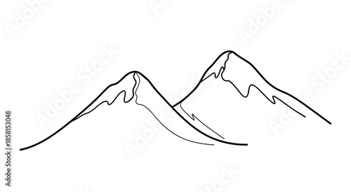 Simple minimalist black and white line art drawing of two mountain peaks with snow caps on a clean white background.
