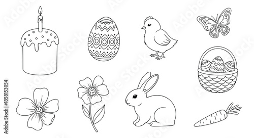 Easter holiday coloring book page with uncolored outlines of cake, eggs, chick, bunny, butterfly, and spring flowers.