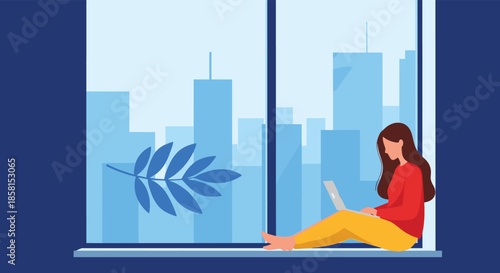 Young woman sitting on a windowsill and working on a laptop with a view of blue city skyscrapers through the glass.