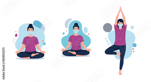 Woman wearing a protective face mask while performing various yoga and meditation poses like tree and lotus positions for healthy living indoors.