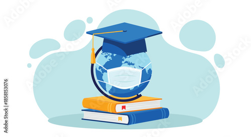 Educational concept featuring a globe wearing a surgical mask topped with a graduation cap resting on a stack of books for pandemic school themes.