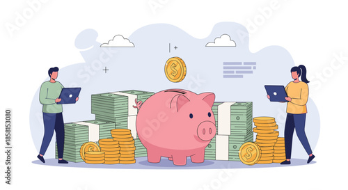 Man and woman saving money by putting a large gold coin into a pink piggy bank surrounded by piles of cash and coins for financial planning goals.