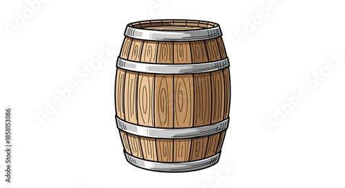 Traditional wooden barrel with silver metal hoops and wood grain texture isolated on a clean white background.