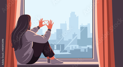 Girl sitting on a window sill in a room with orange curtains looking out at the city silhouette during the day representing solitude and reflection.