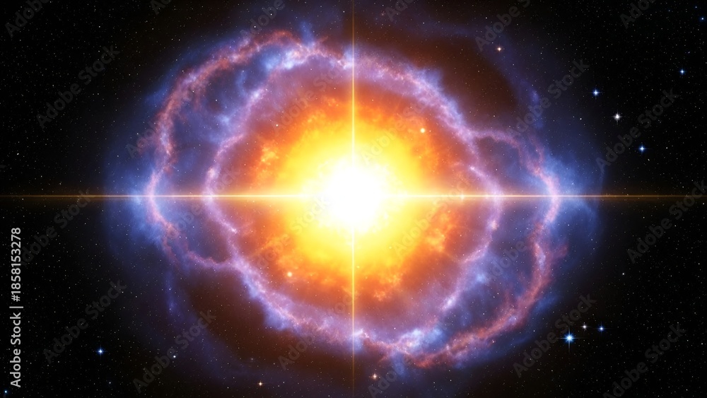 Fototapeta premium Cosmic explosion with bright center and surrounding nebula in a starry expanse