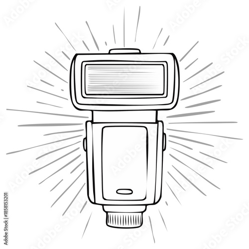 Retro Style Outline Drawing of a Photographic Speedlight Flash Unit with Radial Rays