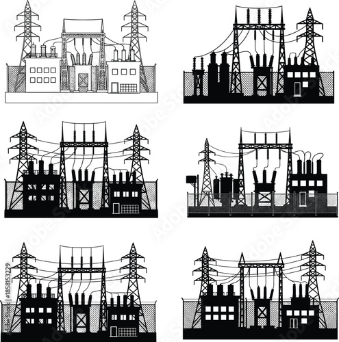 Electrical substation vector set, power plant illustration, black and white infrastructure icons, industrial energy grid, transmission tower artwork
