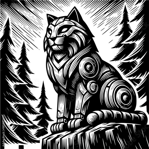 Regal Cat Statue in Forest: Intricate carvings of a majestic cat statue, resting atop a rock, gaze serenely amidst a forest of towering evergreen trees.