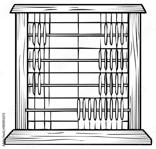 Black and white illustration of an abacus calculator on a white background