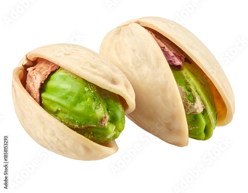 Two shelled pistachios with bright green kernels visible