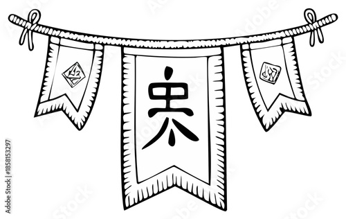 Black and white illustration of a banner with Asian symbols, decoration element
