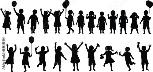 Joyful diverse children silhouettes celebrating childhood fun, playing together, and raising hands with balloons, expressing happiness, friendship, and positive energy in vector design.