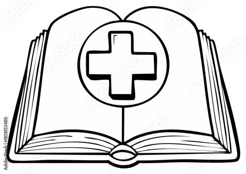 Medical textbook illustration of an open book with a cross inside a circle symbol isolated on white