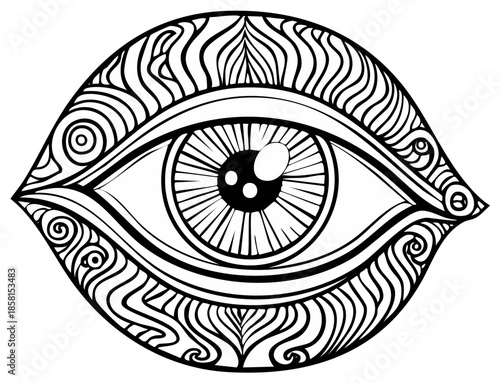 Mystical Eye Illustration with Intricate Swirling Patterns and Radial Design