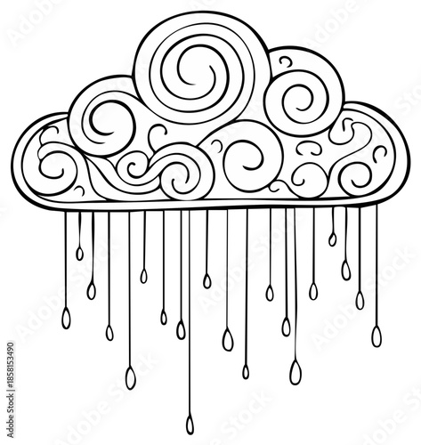 Whimsical cloud with swirling patterns and falling raindrops illustration