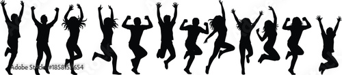 Jumping people silhouette, celebration pose, energetic movement, group joy, vector icons, black graphic, minimal design, happiness concept, unity expression, excitement