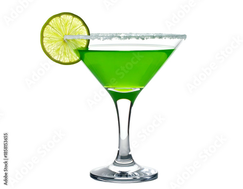 Vibrant green cocktail in a martini glass with lime garnish