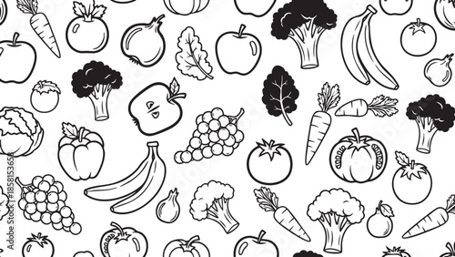Handdrawn fruit and vegetable line art pattern for healthy eating