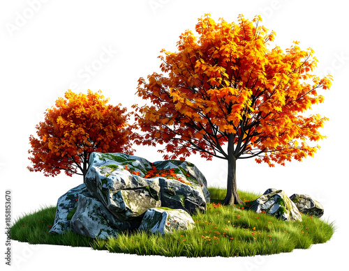 Vibrant autumn trees with mossy rocks on lush green grass