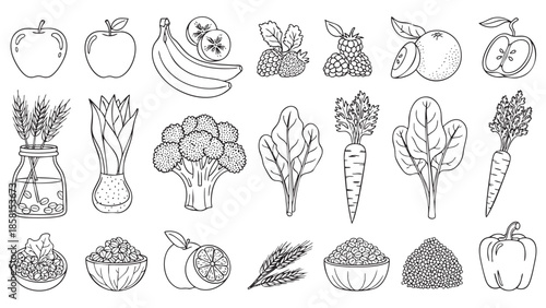 Handdrawnlineartsetoffreshfruitsvegetablesandgrains