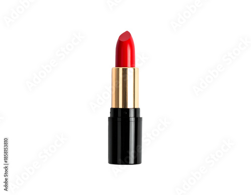 Vibrant red lipstick in gold and black casing on black