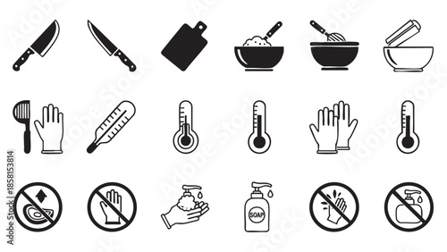 Kitchen hygiene and cooking safety icons set isolated on transparent background