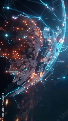 Global network connections and data exchange visualized on a world map