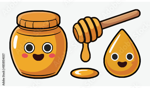 Cute cartoon honey vector set isolated on white background for kids and packaging