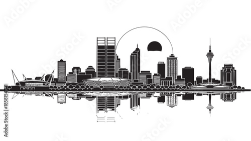 Modern city skyline with stadium and skyscrapers reflection illustration