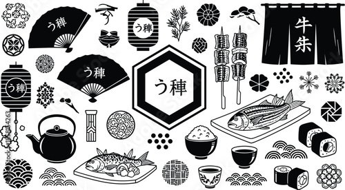 Japanese culture, sushi, rice bowl, grilled fish, lantern, fan, tea pot, floral motif, black white pattern, traditional cuisine - flat vector illustration