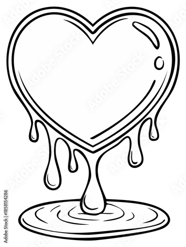 Melting Heart Shape with Dripping Liquid and Puddle Hand Drawn Outline Art