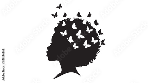 Silhouette of a woman with butterflies in curly hair artistic design