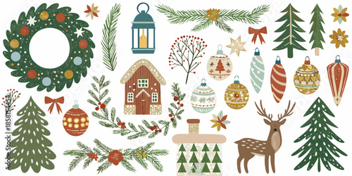 Whimsical Christmas decorations and symbols in festive colors