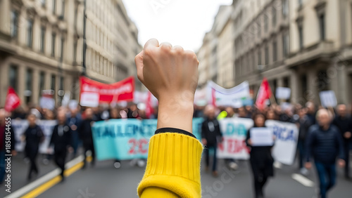 A person holding up a fist in a crowd