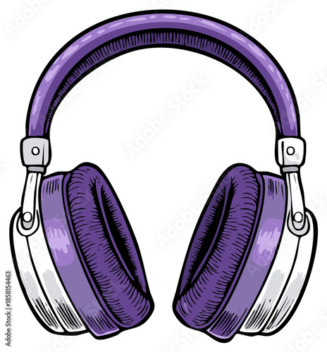 Purple and white headphones for listening to music and audio content