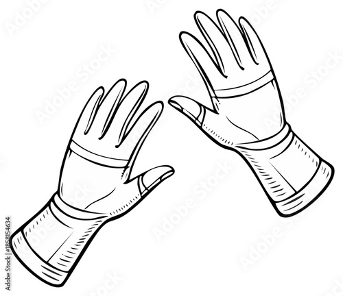 Pair of protective work gloves sketch graphic with black outline on white. Safety hand covers for manual labor.