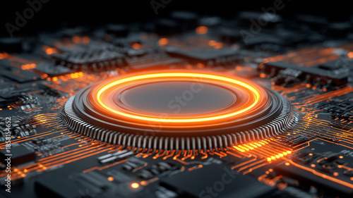 A circular electronic module emitting an energized ring representing system activation operational readiness and advanced technological function.
